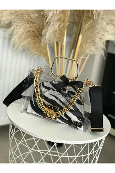 AREV BAGS Zebra Desen Siyah Şeffaf El ve Omuz Çantası