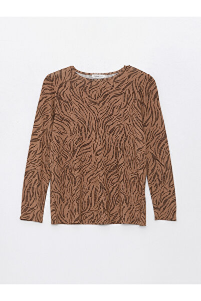 LC Waikiki Bisiklet Yaka Desenli Uzun Kollu Kadın Tişört