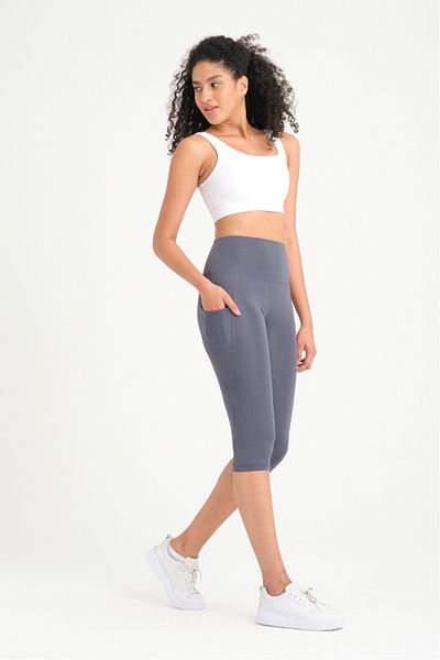 BANEGA Women's Anthracite High Waist Slim Double Pocket Below Knee Capri Leggings Capri
