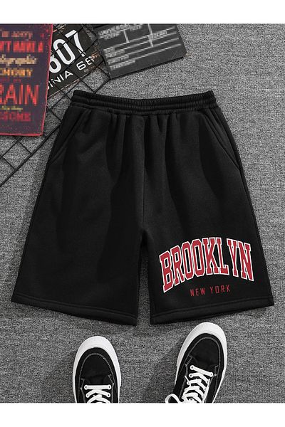 BEETON Βαμβακερό χτενισμένο σορτς Brooklyn - Μαύρο εμπριμέ κοντό χωρίς κορδόνι