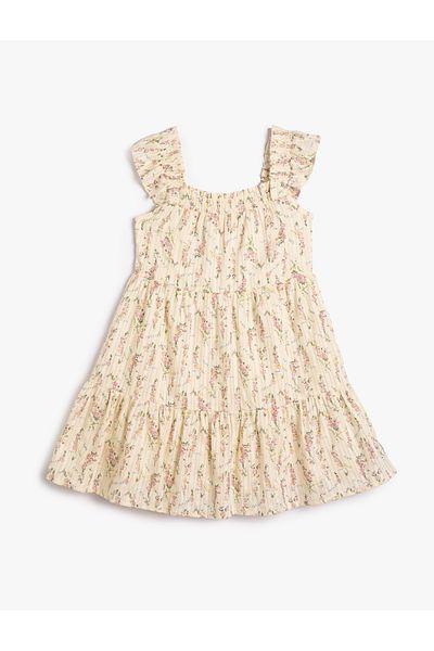 Koton Floral Dress Midi Size Cotton Lined Thick Strap Ruffle Detail