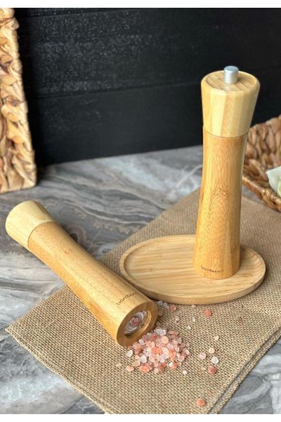 Bambum - Salt and Pepper Shakers with Plate and Mill Set 3 Pieces