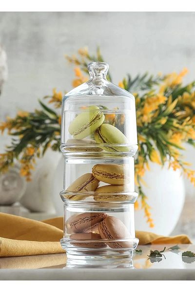Housedec Lava Berry Patisserie 3-Layer Sugar Bowl Presentation Cookie Holder Storage Container with Glass Lid