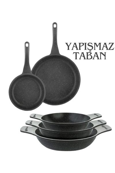 ThermoAD Granite 2-Piece 20-26 cm Pan + 3-Piece Casserole Sahan Set Without Lid - Gray