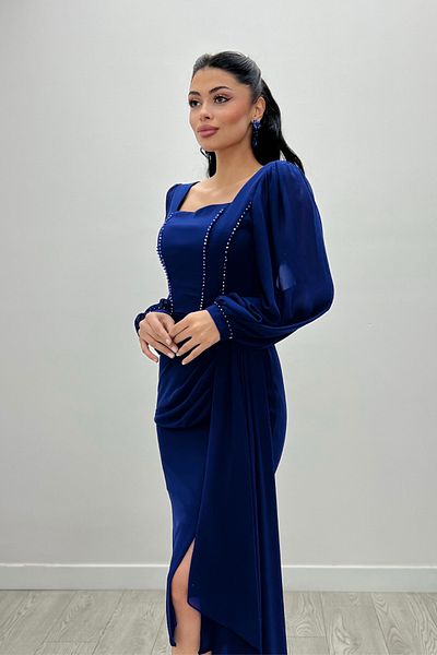 giyimmasalı Atlas Fabric Bead Detailed Chiffon Sleeve Pencil Dress - SAX BLUE