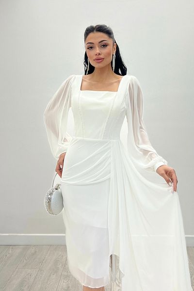 giyimmasalı Φόρεμα Atlas Fabric Beading Λεπτομερές σιφόν μανίκι - ΛΕΥΚΟ