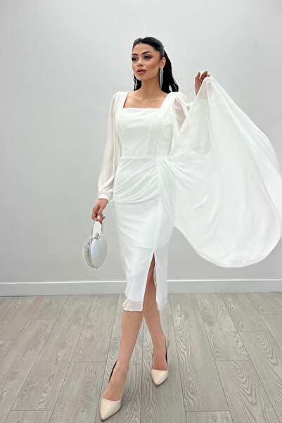 giyimmasalı Φόρεμα Atlas Fabric Beading Λεπτομερές σιφόν μανίκι - ΛΕΥΚΟ