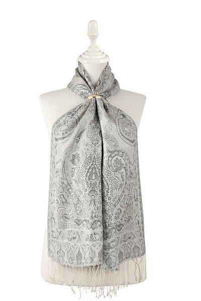 Bursa İpek Gray Black Jamawar Woven Silk Scarf