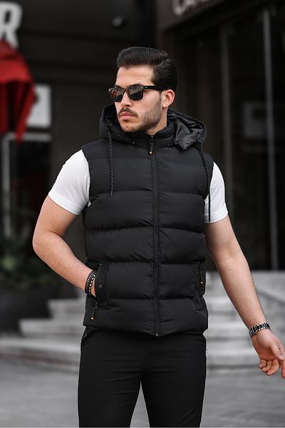 PRİFALDİ Rain And Wind Proof Detachable Hooded Regular Fit Men's Inflatable Vest Black