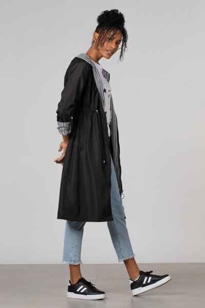 butiksinope Barrels 9091 Kapşonlu Beli Büzgülü Kadın Trençkot Siyah