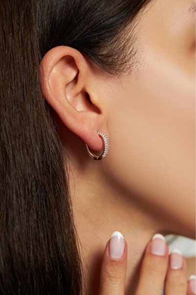 Roza Silver Zirkon Taşlı Rose Yuvarlak Halka Gümüş Küpe