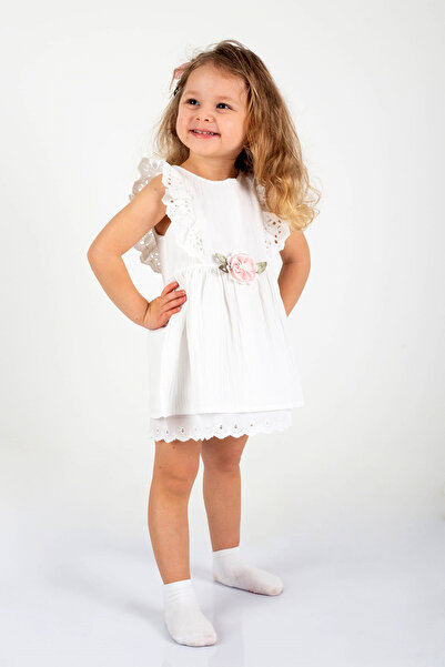 Melekpare Kız Bebek Çocuk Elbise Çiçek Ve Dantel Detaylı %100 Pamuk Gofre Elbise