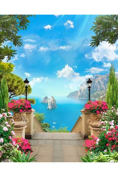 Artdeco çiçekli italya  deniz manzarası duvar kağıdı boy 230 en 200