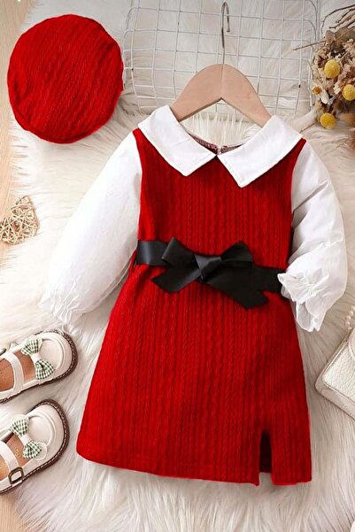 Riccotarz Girl's Shirt Collar Slit Detailed Corduroy Red Dress