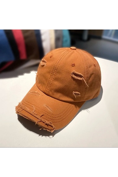 Giraffe Turuncu Yıkamalı Eskitme Kanvas Kumaş Yırtık Detaylı Cap Şapka