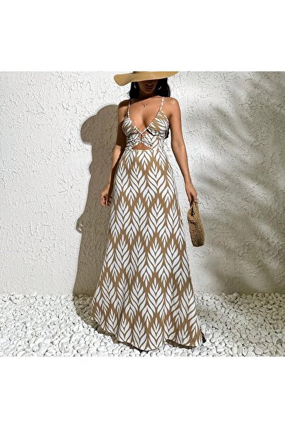 VHT Bürümcük Kumaş Çiçek Desenli Askılı Midi Elbise