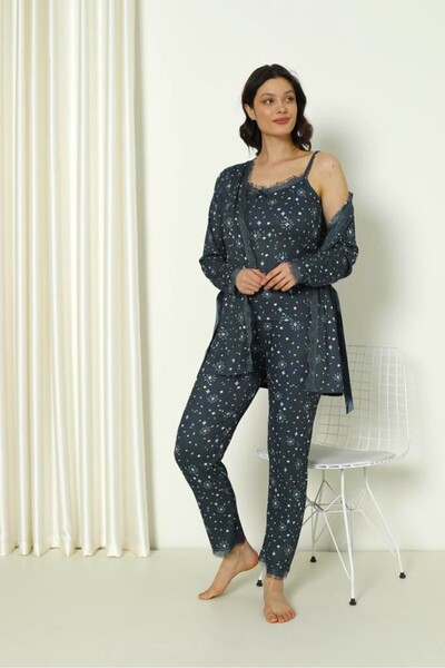 SEBOTEKS Set de pijamale din 3 piese cu curea de frânghie și model strălucitor din guipur 20746