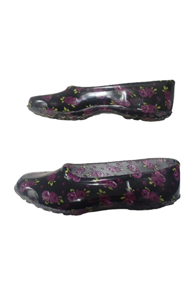 Emek Lastik Kadın Siyah-Mor Çiçek Desenli Kaymaz Taban Iş Ayakkabısı Kkk8545