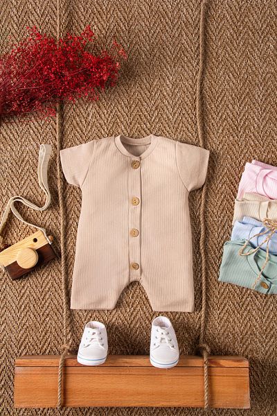Mai Perla Short Sleeve Wooden Buttoned Organic Jumpsuit Baby Set