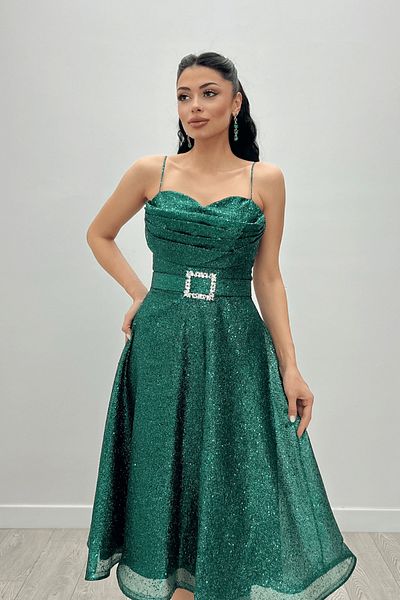 giyimmasalı Glittery Tulle Fabric Strap Midi Dress - ZIMRUT GREEN