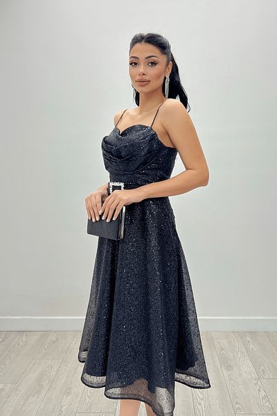 giyimmasalı Glittery Tulle Fabric Strap Midi Dress - BLACK