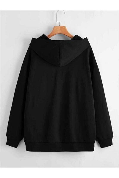 Butik Hanorac de sezon unisex, negru, supradimensionat, cu glugă și fermoar