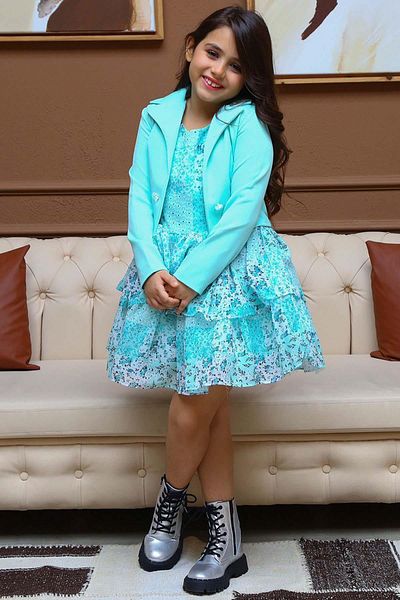 Riccotarz Girl's Blazer Jacket Floral Printed Layered Tulle Zero Sleeve Turquoise Dress