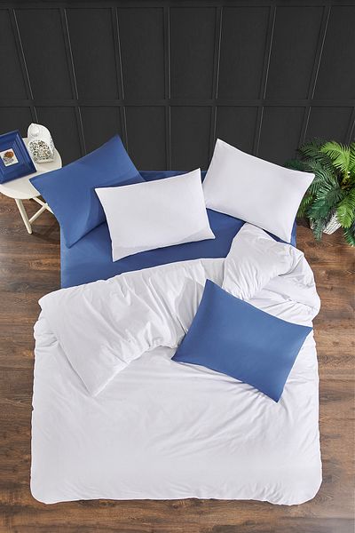 LaLiva Σετ κρεβατιού 100% φυσικό βαμβάκι Akfil Fabric Ελαστικό Διπλό Παπλωματοθήκη Λευκό μπλε