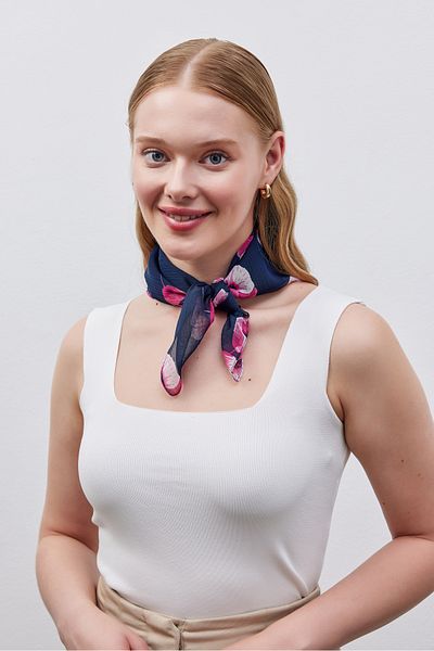 THE MOON Poppy Flower Patterned Textured Navy Blue Chiffon Scarf