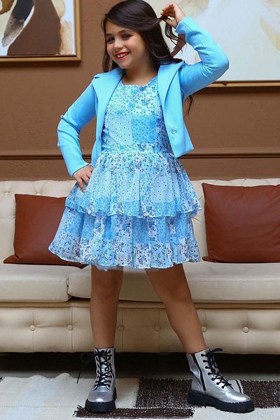 Riccotarz Girl's Blazer Jacket Floral Printed Layered Tulle Zero Sleeve Blue Dress