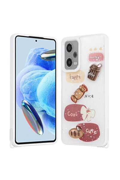 m.tk moveteck Xiaomi Redmi Note 12 Pro Kılıf Emoji Ayıcık Desenli Kabartmalı Karakterli Figürlü Parlak Coffe Silik