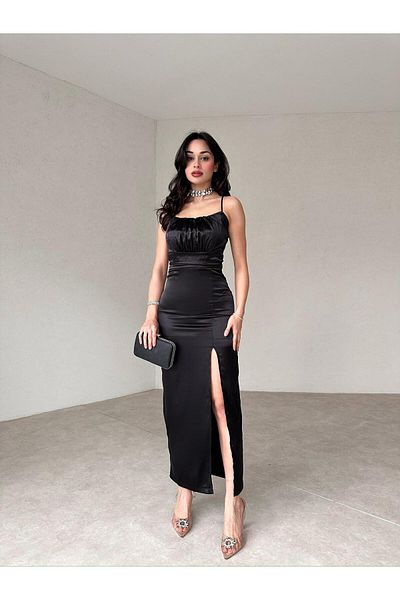 SONREİR SATIN FABRIC STRAPPED MIDI DRESS WITH ELASTIC STRAPS