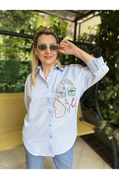 MAABMODA قميص نسائي أزرق مطرز أفريقي