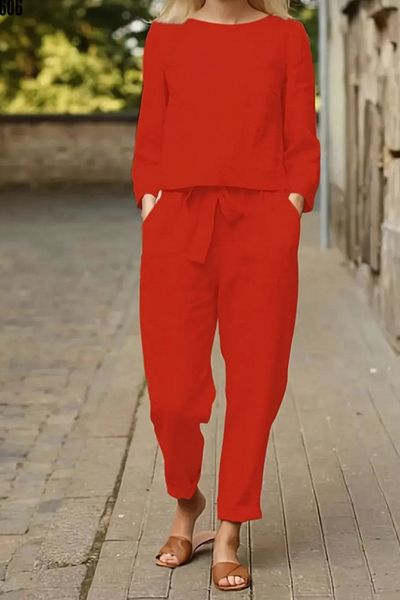 ESSFASIHON Long Sleeve Boat Neck Blouse Belted Carrot Trousers Aerobin Fabric Double Set