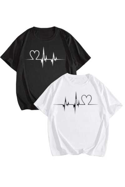 PERISENSE Унисекс тениска с 2 принта, размер "Сърцеви пулс", 1 бр.