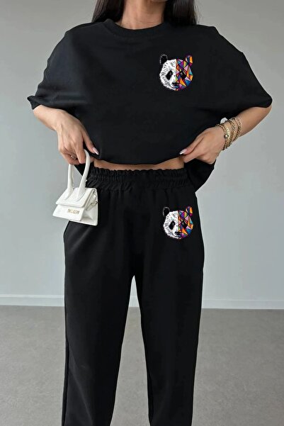 over head oh Set de tricouri supradimensionate cu imprimeu panda negru dublu ...