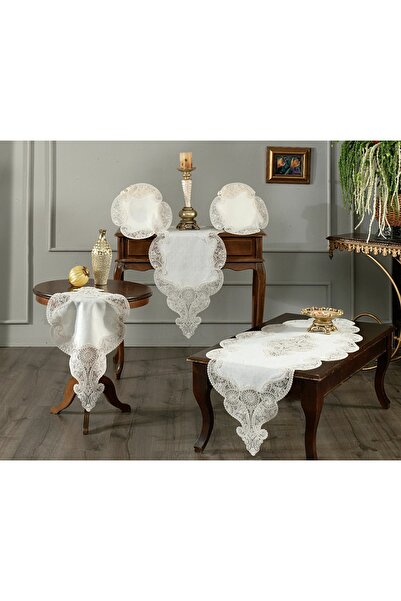 ZeynoÇeyiz قماش كتان جاردينيا (5 قطع) طقم صالة فاخر كريمي