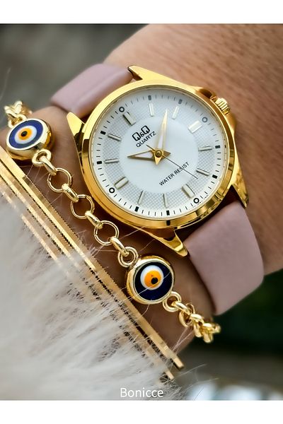 Q&Q Brand Leather Cord Pink Color Wrist Watch+bracelet