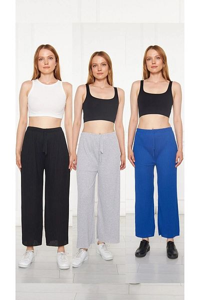 Sashaa Collection Pachet de 3 negru - gri - Saks Pantaloni și pantaloni de trening pentru femei, cu nervuri, ocazional, confortabil, pentru acasă