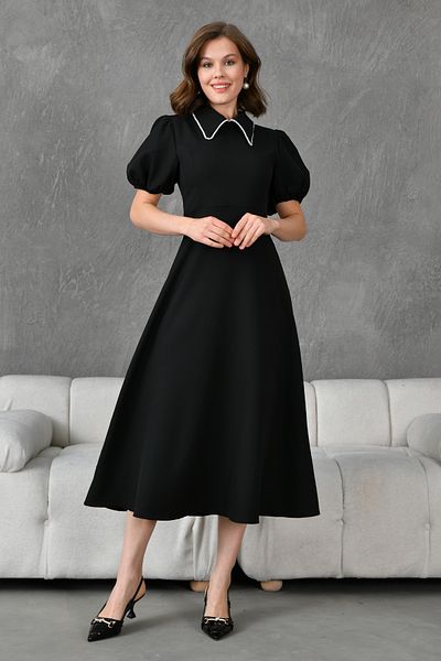 lovebox Short Balloon Sleeve Midi Length Flared Cut Black Evening Dress with Stone Detail on the Collar Graduation Dress 2073