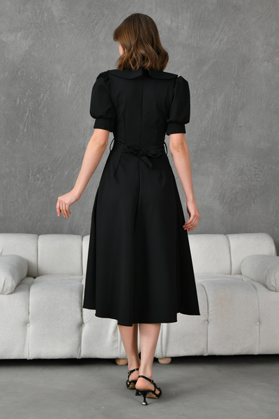 lovebox Széles köténygallér rövid ballon ujjú szárny, részletes Midi hosszúságú, kiszélesedő szabású fekete estélyi ruha 2111