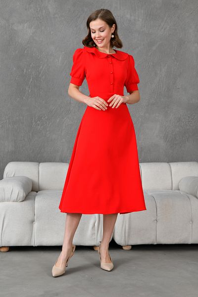 lovebox Wide Apron Collar Short Balloon Sleeve Sash Detailed Midi Length Flared Cut Red Evening Dress 2111