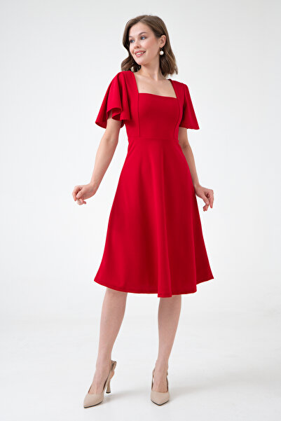 vuvutasarım Red Flexible Scuba Crepe Fabric Square Neck Sleeve Design Detailed Red Midi Dress 082