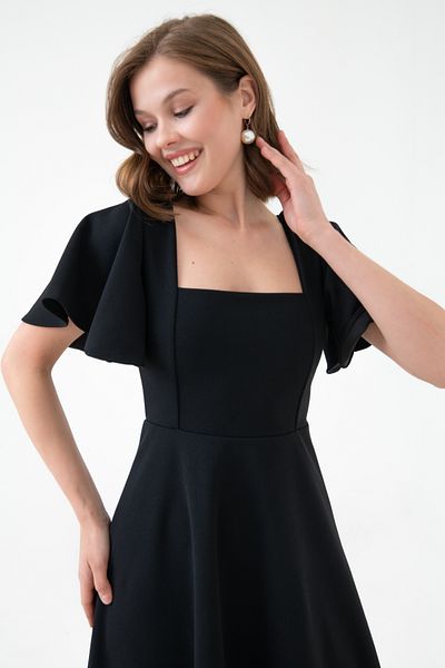 Secret Passion Lingerie Women's Sleeves Flounce Black Flexible Scuba Crepe Fabric Square Collar Midi Length Evening Dress 082