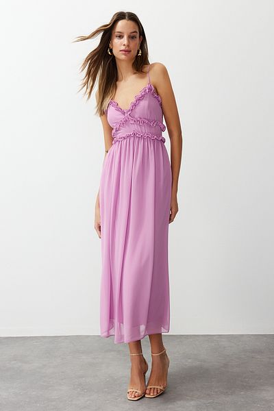 Trendyol Collection Fuchsia Blumendruck - A-Ausschnitt Chiffon Maxikleid mit Rüschendetail und Futter TWOSS23EL02013