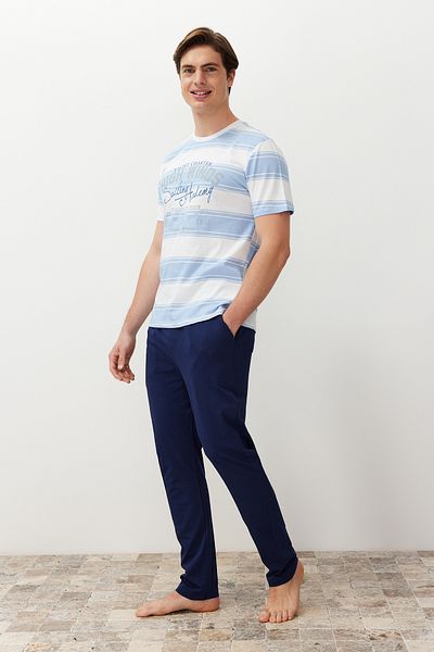 Trendyol Collection Blue Striped Regular Fit Knitted Pajamas Set - 100% Cotton Tmnss24Pt00041