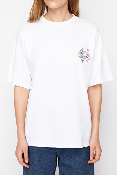 Trendyol Collection White 100% Cotton Back and Front Printed Oversize/Wide Cut Knitted T-Shirt TWOSS24TS00188