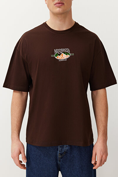 Trendyol Collection Brown Oversize Cotton T-Shirt with Landscape Embroidery - TMNSS24TS00197