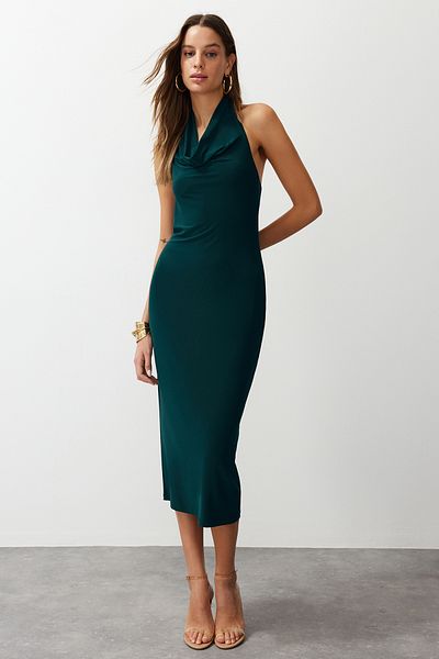 Trendyol Collection Emerald Green Degaje Collar Flexible Knitted Midi Pencil Dress TWOSS24EL00106