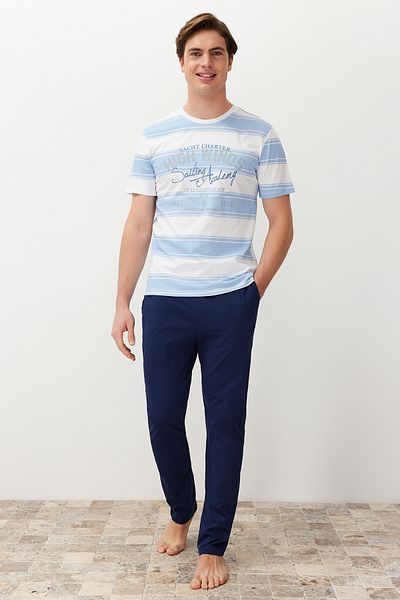 Trendyol Collection Blue Striped Regular Fit Knitted Pajamas Set - 100% Cotton Tmnss24Pt00041